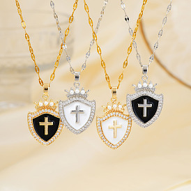 Модные хип-хоп латунные прозрачные кубические цирконии щит крест корона кулон ожерелья, с эмалью, идеально подходит для ежедневных вечеринок