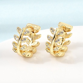 Boucles d'oreilles créoles en laiton serties de micro-pavés de zirconiums cubiques, style feuille, pour femmes, crémaillère plaquage, plaqué longue durée, sans cadmium et sans plomb, réel 18 k plaqué or