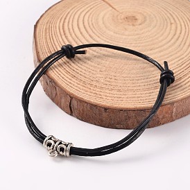 Adjustable Cowhide Leather Cord Bracelets, with Alloy Findings, Antique Silver, 55mm