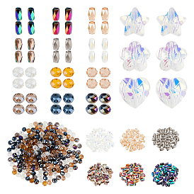 486pcs 15 style électrolytique et perles de verre transparentes, facette, rondelle & colonne & fleur & coeur & étoile