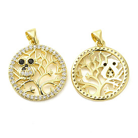 Rack Plating Brass Micro Pave Cubic Zirconia Pendants, Long-Lasting Plated, Cadmium Free & Lead Free, Flat Round with Owl Charm