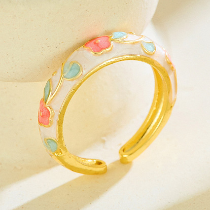 Brass Enamel Cuff Open Rings, Flower, Golden
