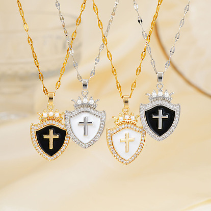 Модные хип-хоп латунные прозрачные кубические цирконии щит крест корона кулон ожерелья, с эмалью, идеально подходит для ежедневных вечеринок
