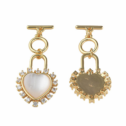 Brass Micro Pave Clear Cubic Zirconia Toggle Clasps, with Cat Eye, Nickel Free, Heart