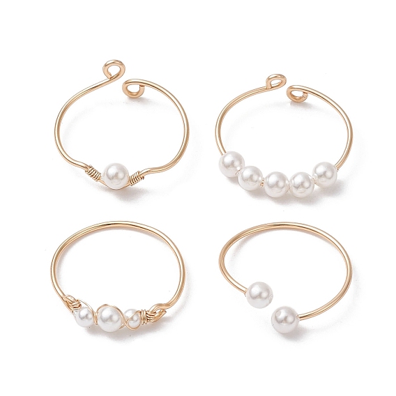 4Pcs 4 Style Brass Wire Wrap Open Cuff Rings Set, Shell Pearl Beaded Stackable Rings