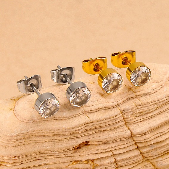 304 серьги-гвоздики из нержавеющей стали с прозрачным фианитом, плоско-круглые