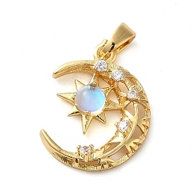 Brass Micro Pave Clear Cubic Zirconia with Glass Pendants, Moon & Star Charms