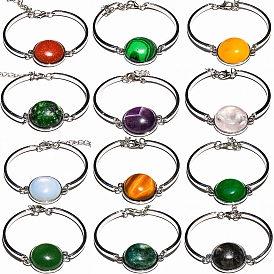 Natural & Synthetic Mixed Gemstone Flat Round Link Bracelet, with Curved Tube