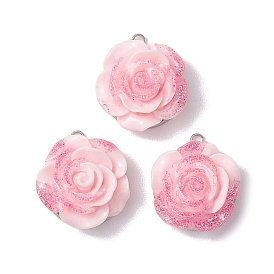 304 Stainless Steel & Opaque Resin Pendants, Flower Charms with Glitter Powder, Stainless Steel Color