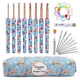 DIY Knitting Tool Sets, including Flower Pattern Storage Bag, Crochet Hook, Stitch Marker Rings, Tape Measure and Stainless Steel Big Eey Needles