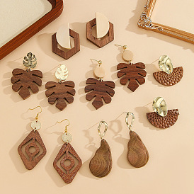 Wood & Alloy Dangle Earrings, Golden