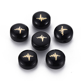 Handmade Lampwork Beads, with Golden Plated Brass Etched Metal Embellishments, Flat Round with ECG