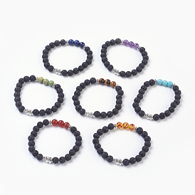 Natural Lava Rock Beads Stretch Bracelets Sets, with Natural & Synthetic Mixed Gemstone Beads and Tibetan Style Alloy Beads, Elephant, Antique Silver