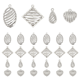 40Pcs 4 Style Original Color Hollow 304 Stainless Steel Pendants,  Rhombus & Heart & Teardrop & Oval