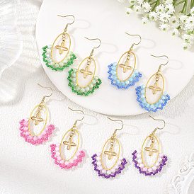Oval Brass & 304 Stainless Steel Dangle Earrings, Cross, Glass Beads Dangle Earrings for Women, Golden