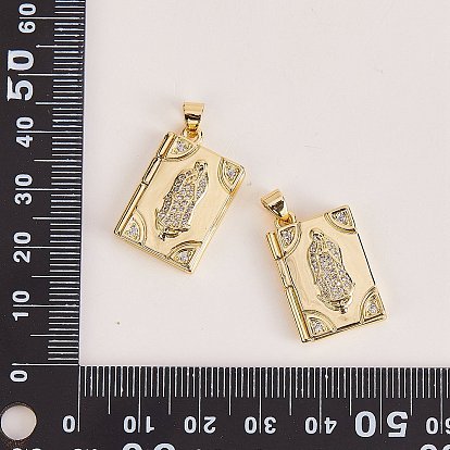 5Pcs Rack Plating Brass Micro Pave Clear Cubic Zirconia Locket Pendants, Cadmium Free & Lead Free, Religion, Rectangle with Virgin Mary