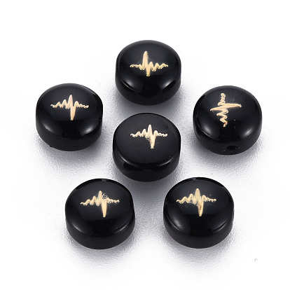 Handmade Lampwork Beads, with Golden Plated Brass Etched Metal Embellishments, Flat Round with ECG