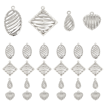 40Pcs 4 Style Original Color Hollow 304 Stainless Steel Pendants,  Rhombus & Heart & Teardrop & Oval