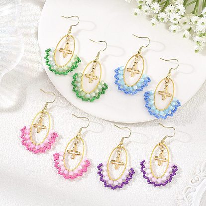 Oval Brass & 304 Stainless Steel Dangle Earrings, Cross, Glass Beads Dangle Earrings for Women, Golden