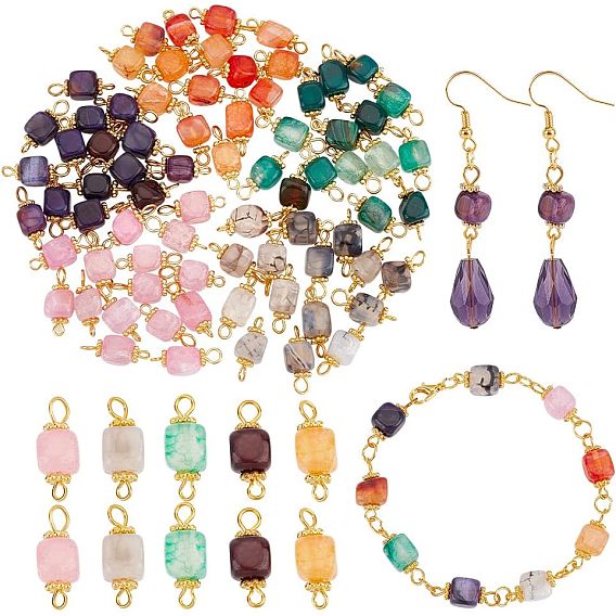 80шт 5 цвет натуральный агат соединительные подвески, с золотой гальванической железной фурнитурой, кубические, окрашенная и подогревом