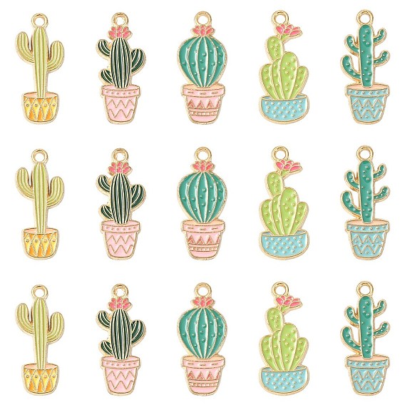 Alloy Enamel Pendants, Cactus Charms, Light Gold
