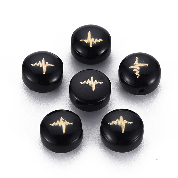 Handmade Lampwork Beads, with Golden Plated Brass Etched Metal Embellishments, Flat Round with ECG