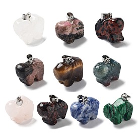 Mixed Gemstone Pendants, Buffalo Charms with Platinum Plated Metal Snap on Bails, Mixed Dyed and Undyed