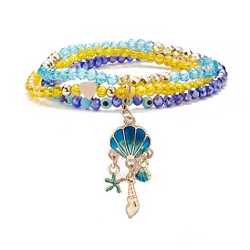 Round Glass Evil Eye Triple Layer Multi-strand Bracelet, Alloy Enamel Shell Shape Charm Stretch Bracelet for Women
