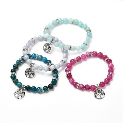 Natural & Synthetic Mixed Gemstone Bracelet for Girl Women, Stretch Bracelets with Tree of Life Tibetan Style Alloy Charm