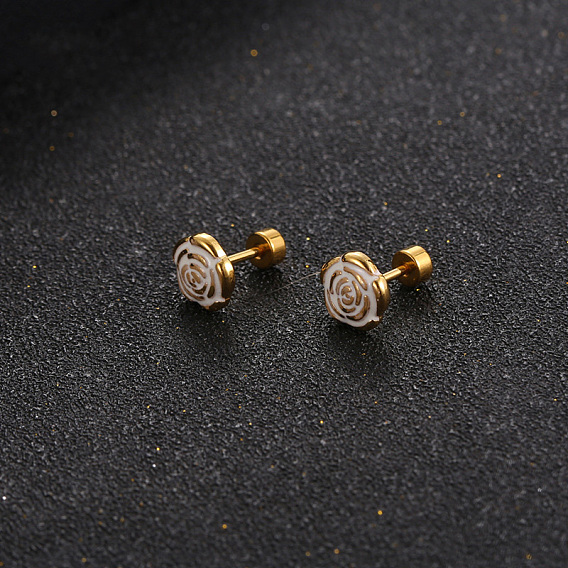Серьги-гвоздики из нержавеющей стали с эмалью в форме розы, золотые