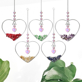 Natural Gemstone Chips Wire Wrapped Metal Heart Hanging Ornaments, Glass Heart Tassel Suncatchers Home Garden Outdoor Decorations