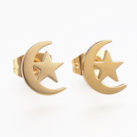 304 Stainless Steel Stud Earrings, Hypoallergenic Earrings, Moon and Star