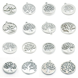 Stainless Steel Pendants, Laser Cut, Flat Round with Tree of Life Charm