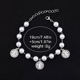 Плоские круглые железные браслеты с подвесками Святого Бенедикта, Браслеты из искусственных жемчужных бусин для женщин