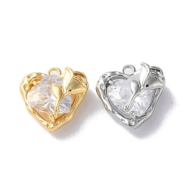 Glass Charms, with Brass Findings, Heart with Rose Charm
