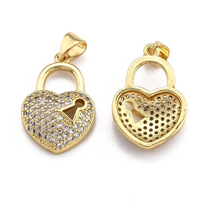 Brass Micro Pave Clear Cubic Zirconia Pendants, Long-Lasting Plated, Heart/Lock