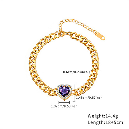 Heart Cubic Zirconia Link Bracelets, with Golden Stainless Steel Cuban Link Chains