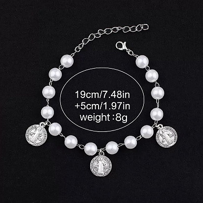 Плоские круглые железные браслеты с подвесками Святого Бенедикта, Браслеты из искусственных жемчужных бусин для женщин
