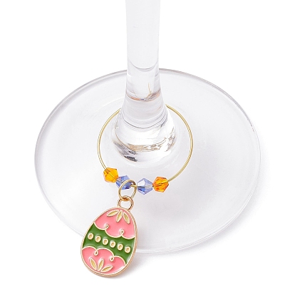 Easter Egg Alloy Enamel Wine Glass Charms, with Glass Bead and Brass Wine Glass Charm Rings