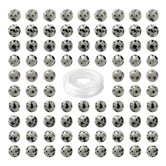 100Pcs 8mm Natural Dalmatian Jasper Round Bead, with 10m Elastic Crystal Thread, for DIY Stretch Bracelets Making Kits