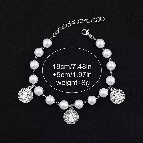 Плоские круглые железные браслеты с подвесками Святого Бенедикта, Браслеты из искусственных жемчужных бусин для женщин