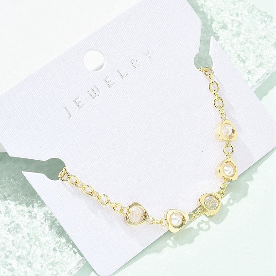 Brass Micro Pave Clear Cubic Zirconia Charm Bracelets for Women, with ABS Imitation Pearl Beads, Heart