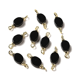 Natural Black Onyx(Dyed & Heated) Connector Charms, Oval Links with Real 18K Gold Plated Brass Double Loops