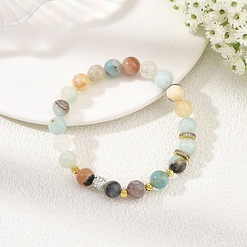 8.5MM Round Natural Flower Amazonite Beaded Stretch Bracelets with Brass Beads, Golden