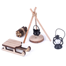 Wood Mini Model Kit, Micro Landscape Dollhouse Accessories, Pretending Prop Decorationsm, Sled & Firewood & Furnace & Lamp & Snowflake