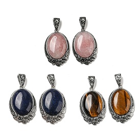Gemstone Big Pendants, Antique Silver Plated Alloy Oval Charms with Flower