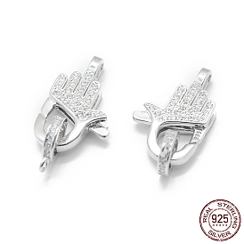 925 Sterling Silver Lobster Claw Clasps, with Cubic Zirconia, with 925 Stamp, Palm