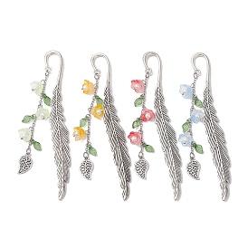 4Pcs 4 Colors Alloy Feather Bookmarks, Flower & Leaf Glass Charms Bookmarks