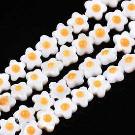 Natural White Shell Beads Strands, Double Sides with Enamel, Flower
