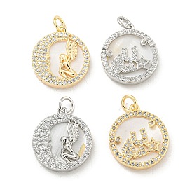Brass Micro Pave Clear Cubic Zirconia Pendants, with Shell and Jump Rings, Flat Round with Angel Charms